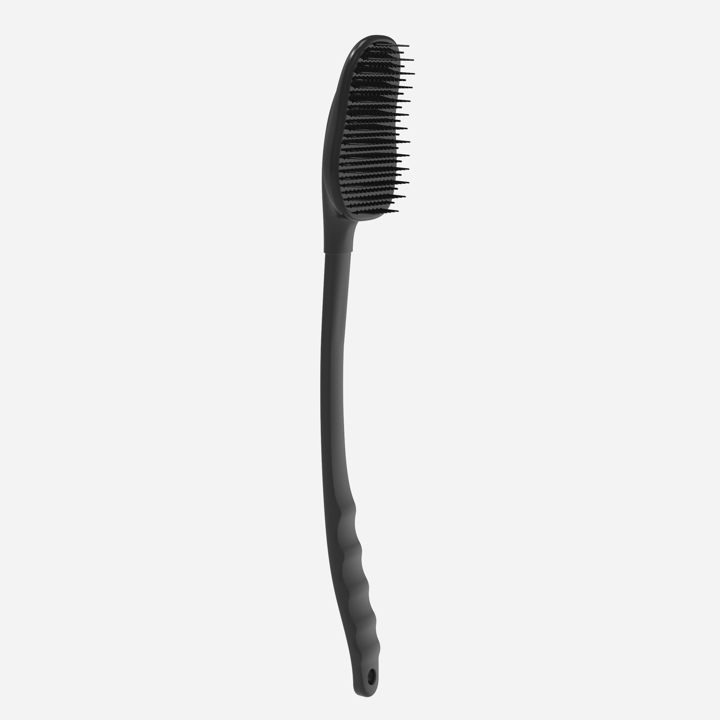 A black brush with a long handle is ideal for scratching and also serves as an effective back scratcher.