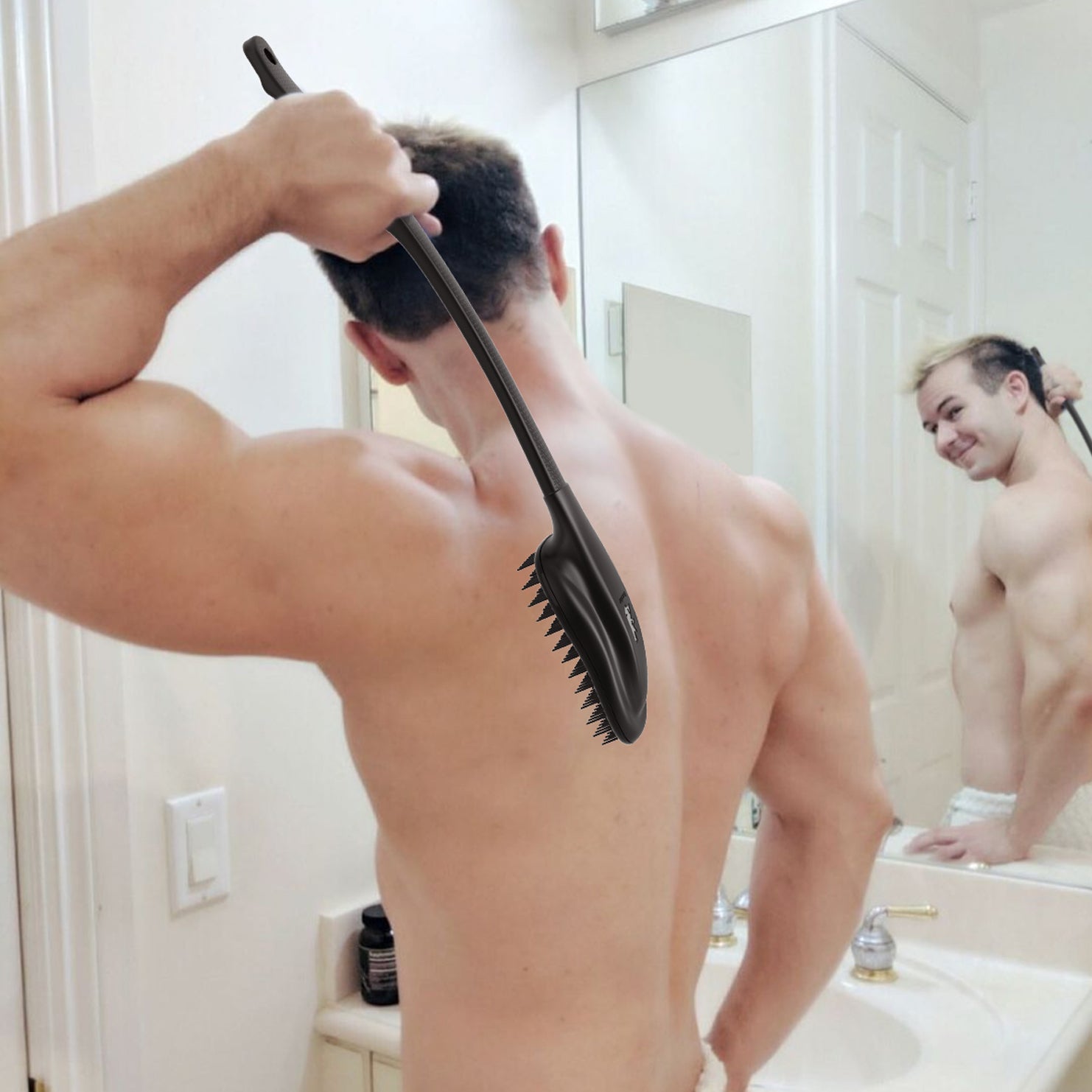 A man using a back scratch tool while brushing his hair in front of a mirror, showcasing personal grooming.